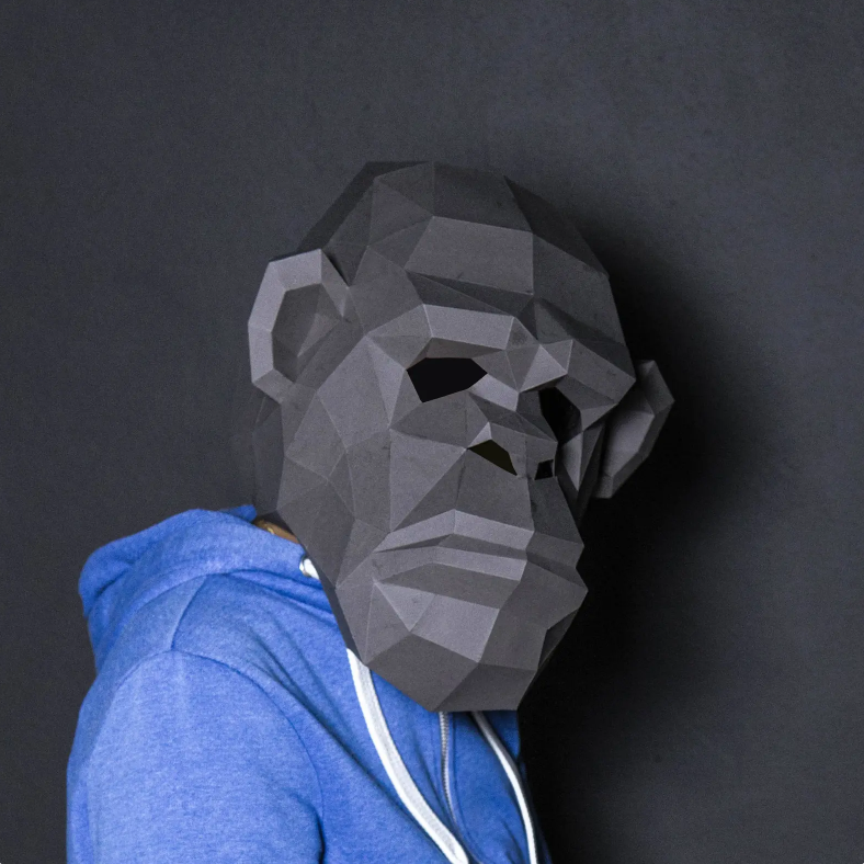 Máscara de chimpancé Artesanía de papel, Plantilla digital, Origami, Descarga PDF DIY, Low Poly, Máscara 3D