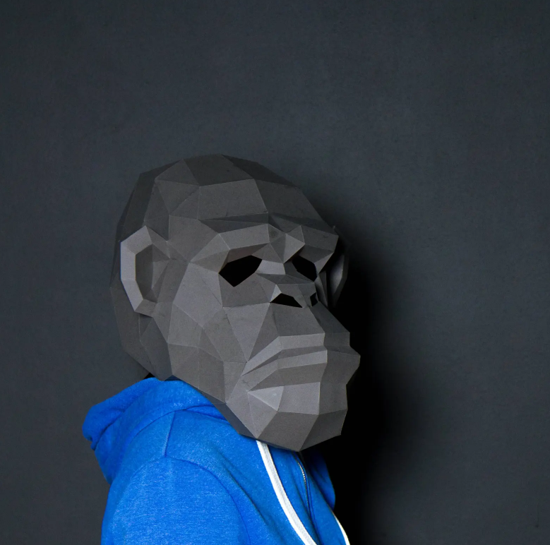 Máscara de chimpancé Artesanía de papel, Plantilla digital, Origami, Descarga PDF DIY, Low Poly, Máscara 3D